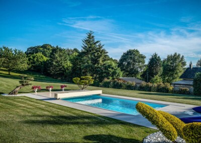Jardin paysager avec piscine rectangulaire entourée de pelouse verte, arbres en arrière-plan et buissons taillés au premier plan.