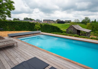 Piscine bleue entourée de terrasses en bois avec une haie verte en arrière-plan et des maisons à l'horizon sous un ciel nuageux.